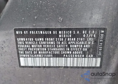 2017 Volkswagen Jetta 1.4T Se from USA, damaged, VIN 3VWDB7AJ6HM215805